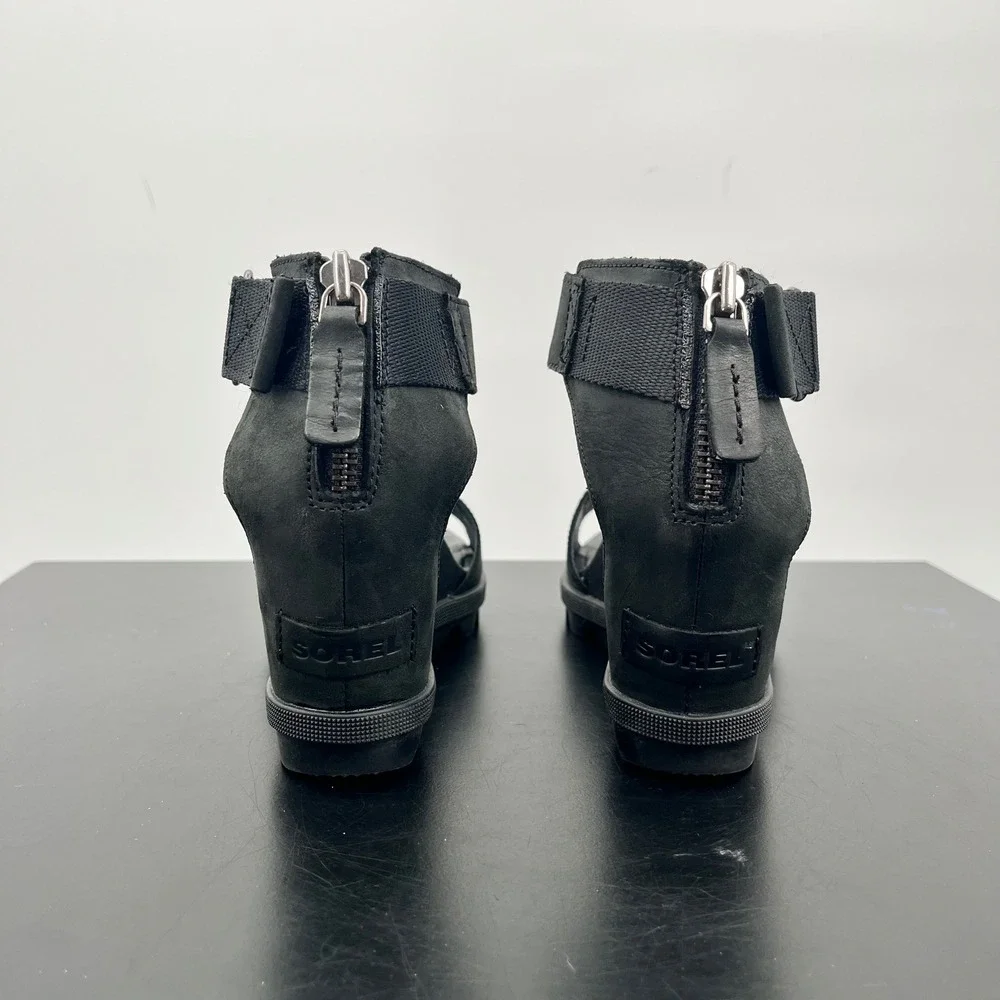 Sorel Joanie II Wedge Sandals Womens 6.5 Black Leather Ankle Strap NL3217-010